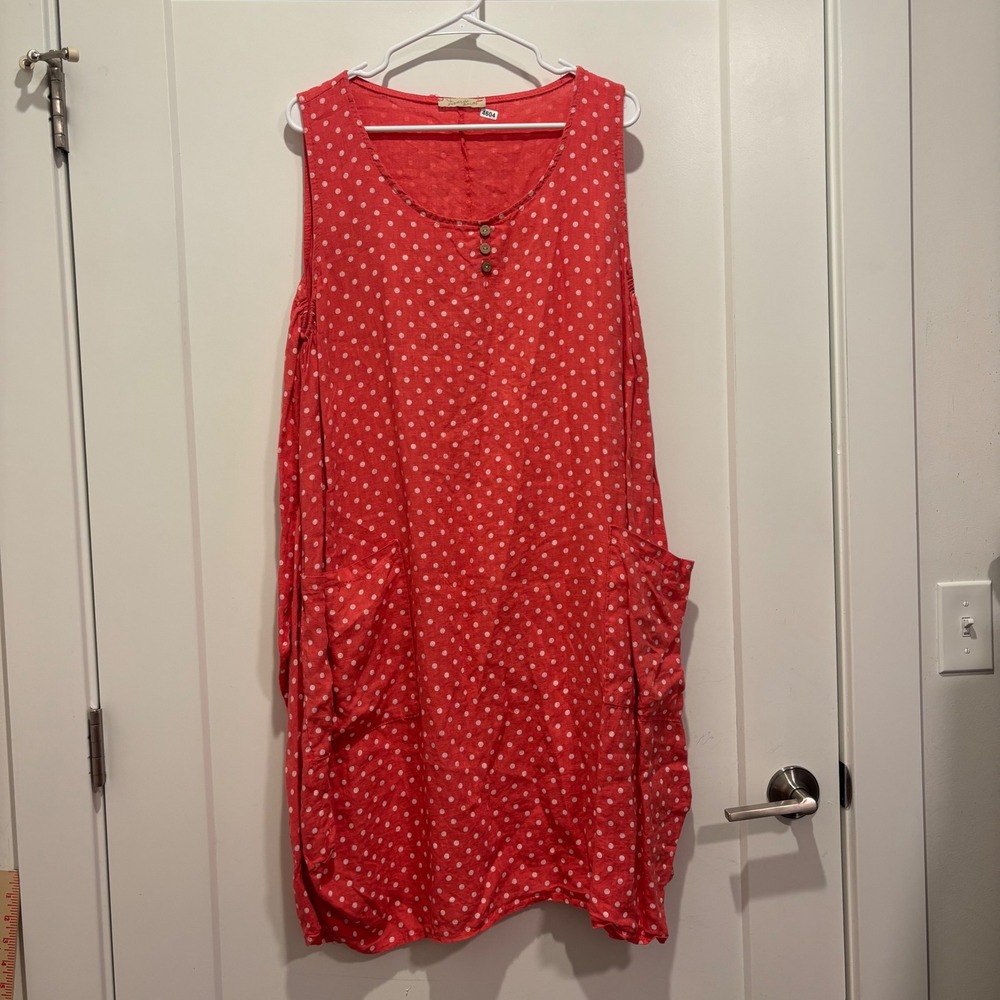 Made in Italy Linen Polka Dot Sleeveless Lagenlook Pocket Shift Dress Red TU